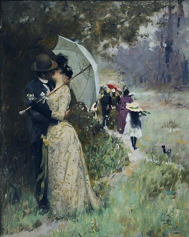 A Kiss Under The Parasol By Ludek Marold, Oil Painting