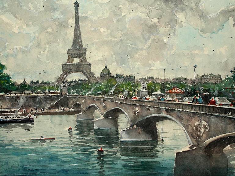 A Sky Over Paris By Maximilian Damico, Watercolor Painting