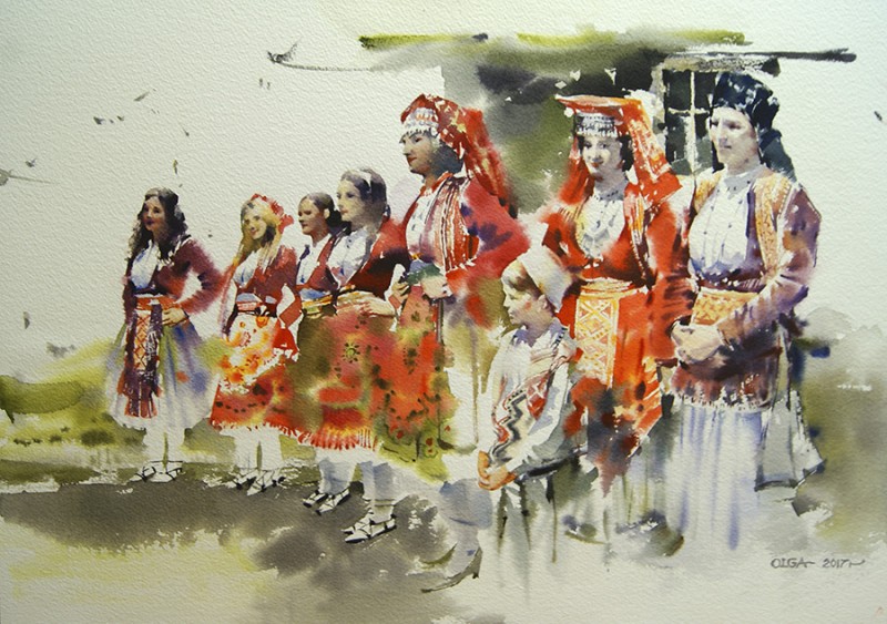 Albanian Girls By Olga Litvinenko, Watercolor Painting