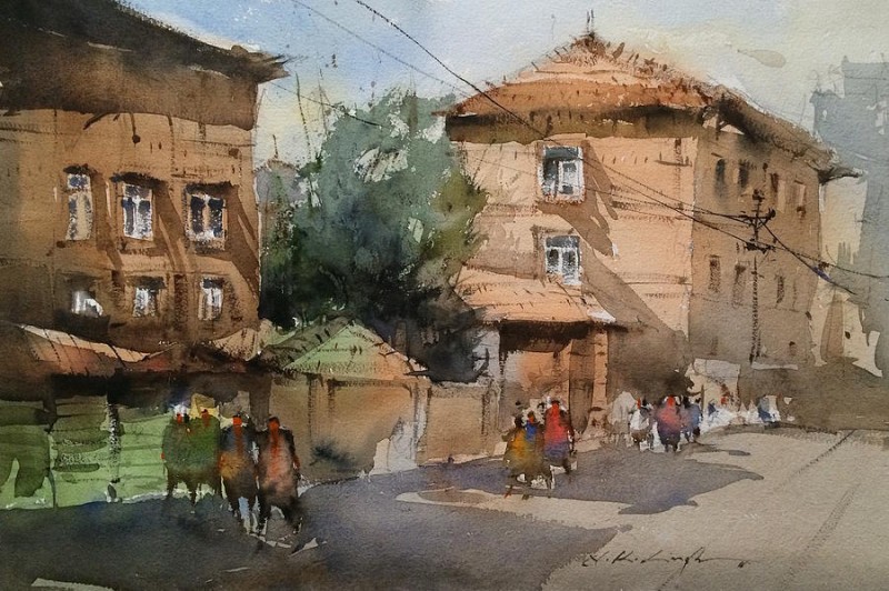 City Street Watercolor Painting By Nitin Singh