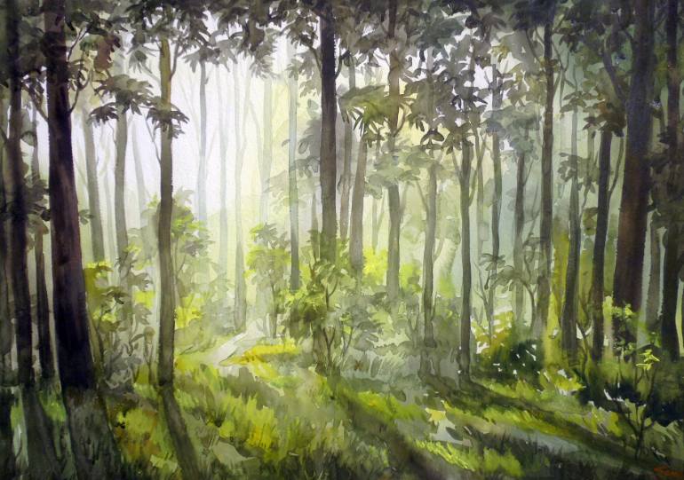 Early Morning Light Inside a Forest by Samiran Sarkar, Watercolor Painting