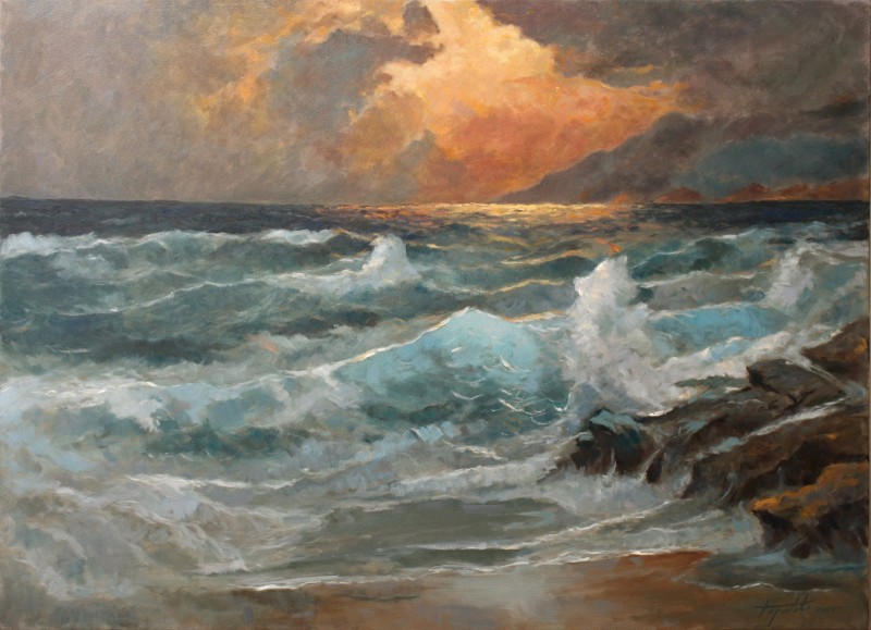Eventide Sea and Waves By Darko Topalski, Oil Painting