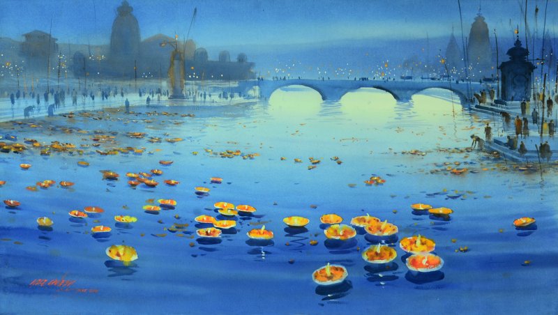 Floating Lamps in Banaras Ganga by Ganesh Hire, Watercolor Painting
