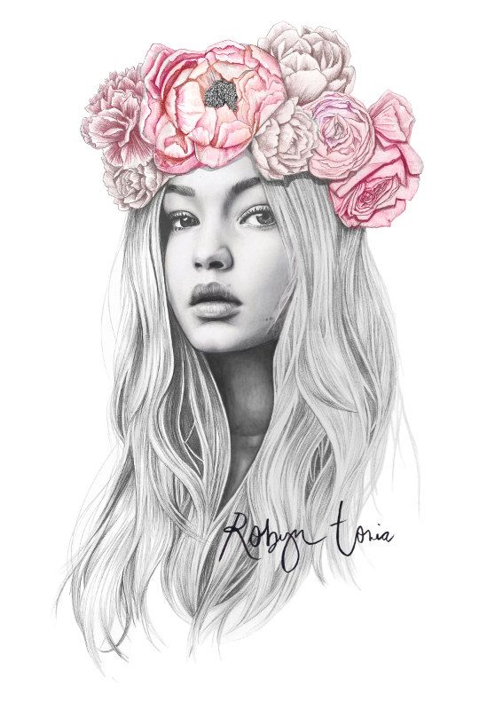 Gigi Hadid With Flower Crown By RobynToria, Fashion Illustration 