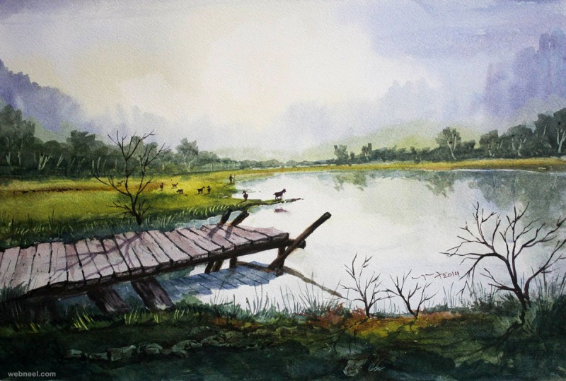 Lakeside By Balakrishnan, Watercolor Painting