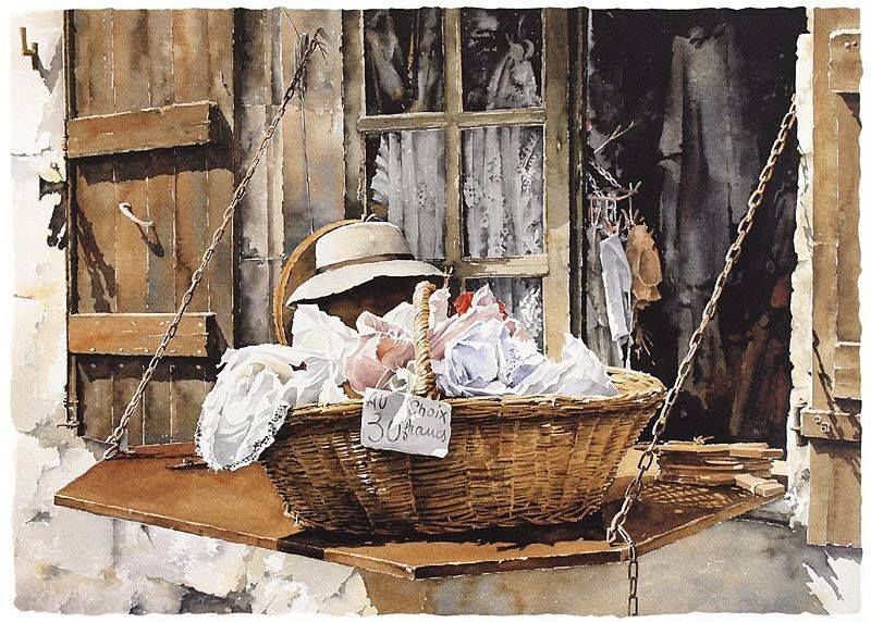 Old Basket By Christian Graniou, Watercolor Painting