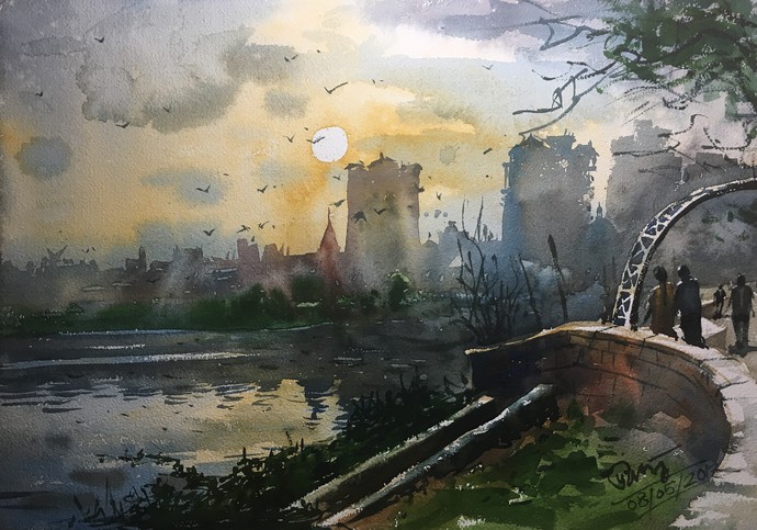 Powai Lake By Prashant Sarkar Watercolor Painting Art Katalay Net