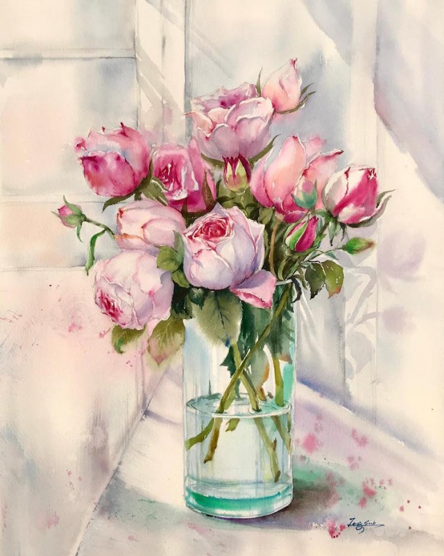 Pink Roses By Jung Sook Hyun, Watercolor