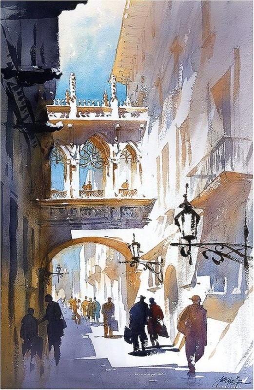 Shadows and Light in Barcelona By Thomas W Schaller, Watercolor Painting