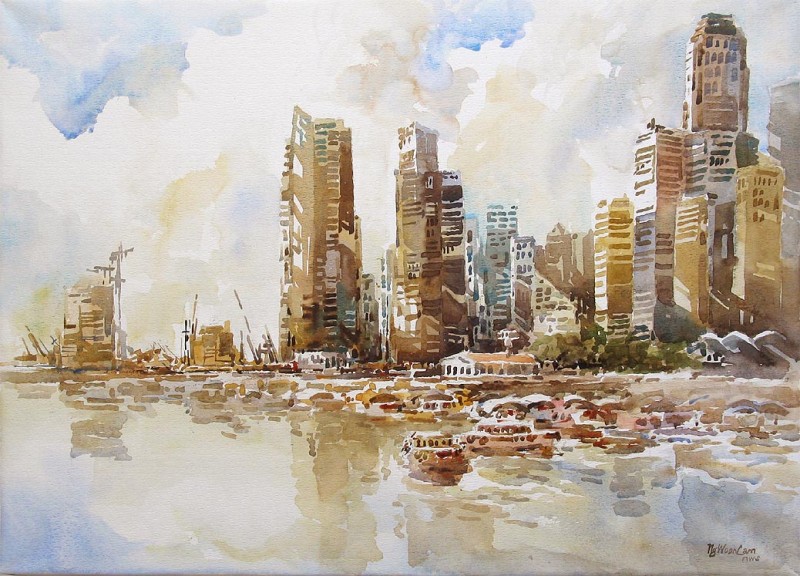 Singapore River Skyline By Ng Woon Lam, Watercolor Paintings Art