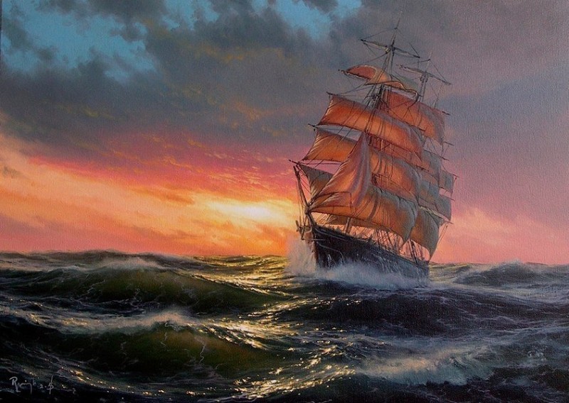 Wavy Sea By Marek Ruzyk, Oil Paintings