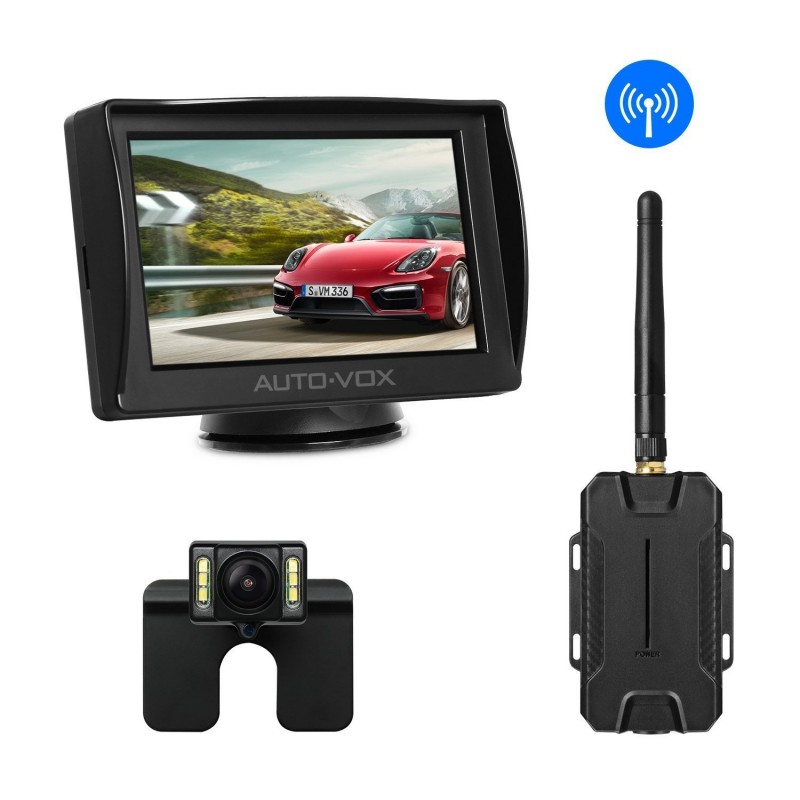 AUTO-VOX M1W Wireless Backup Camera Kit,IP 68 Waterproof LED Super Night Vision License Plate Reverse Rear View Back Up Car Camera,4.3-Inch TFT LCD Rearview Monitor for Vans,Camping Cars,Trucks,RVs 