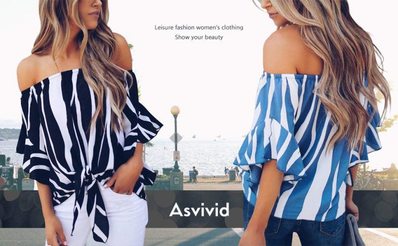 Asvivid Women's Striped Off Shoulder Bell Sleeve Shirt Tie Knot Casual Blouses Tops