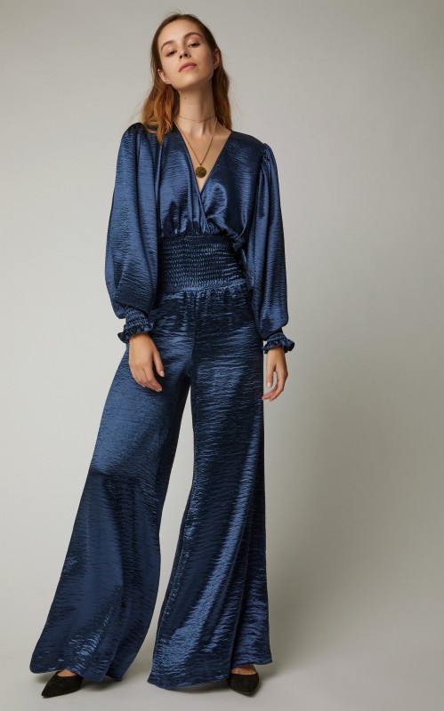Caroline Constas Smocked Satin Wide-Leg Jumpsuit