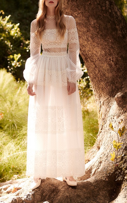 Costarellos Bishop Sleeve Embroidered Tulle Dress