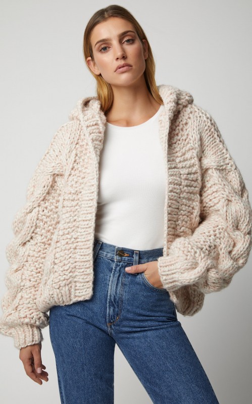 I Love Mr. Mittens Hooded Cable-Knit Wool Bomber
