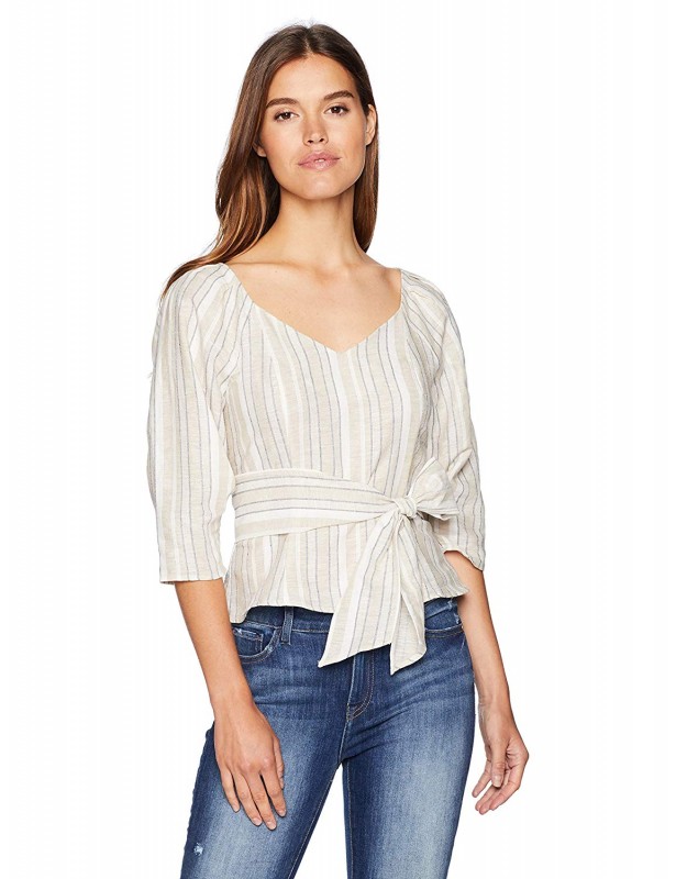 J.O.A. Women's Pleated Sleeve Sweetheart Neckline Top with Tie at Waist 
