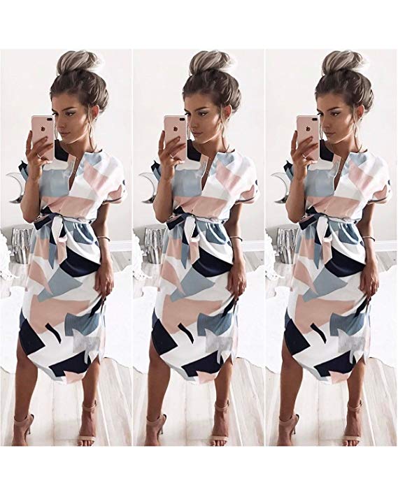 Porala Womens Summer Dresses V-Neck Casual Work Geometric Pattern Midi Floral Print Belted Pencil Dress