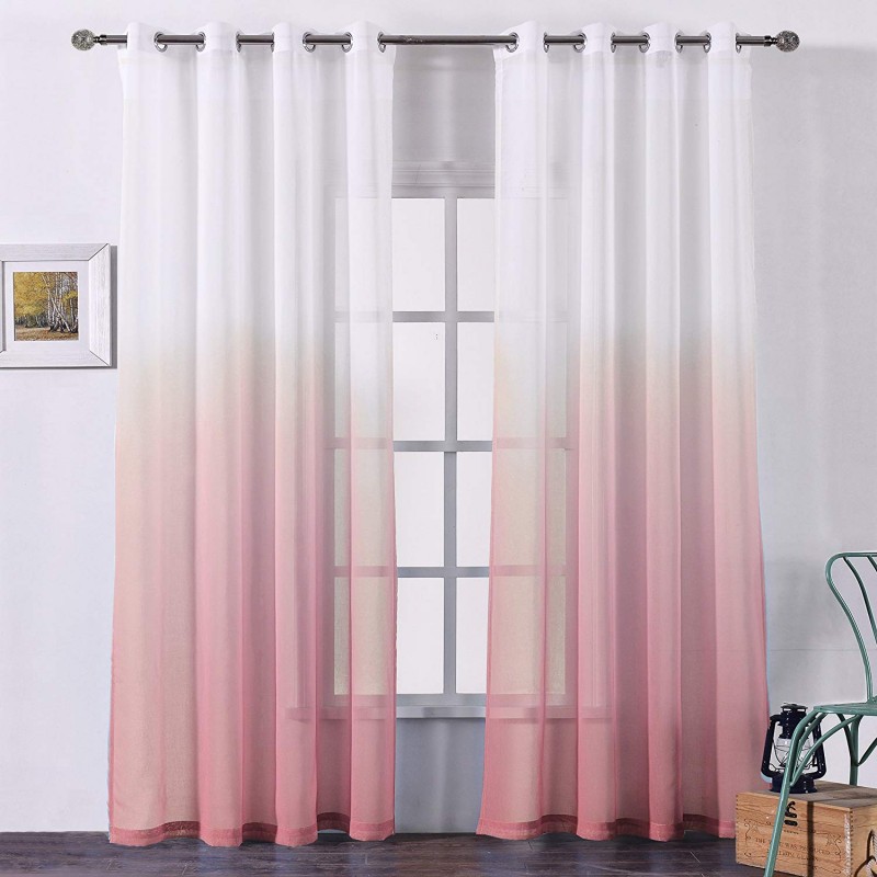 Bermino Faux Linen Sheer Curtains Voile Grommet Semi Sheer Curtains for Bedroom Living Room Set of 2 Curtain Panels 54 x 84 inch Pink Gradient 