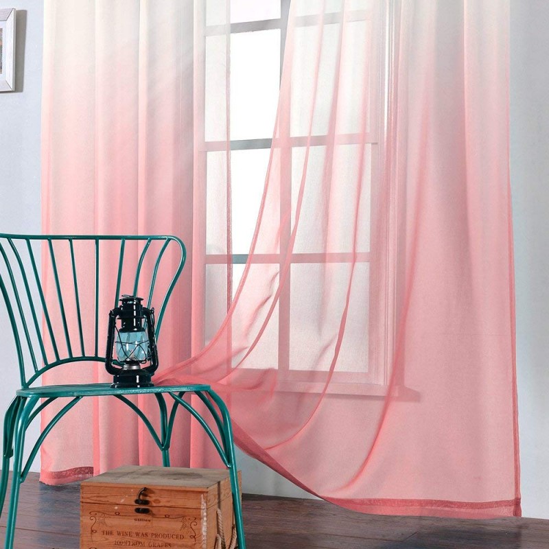 Bermino Faux Linen Sheer Curtains Voile Grommet Semi Sheer Curtains for Bedroom Living Room Set of 2 Curtain Panels 54 x 84 inch Pink Gradient