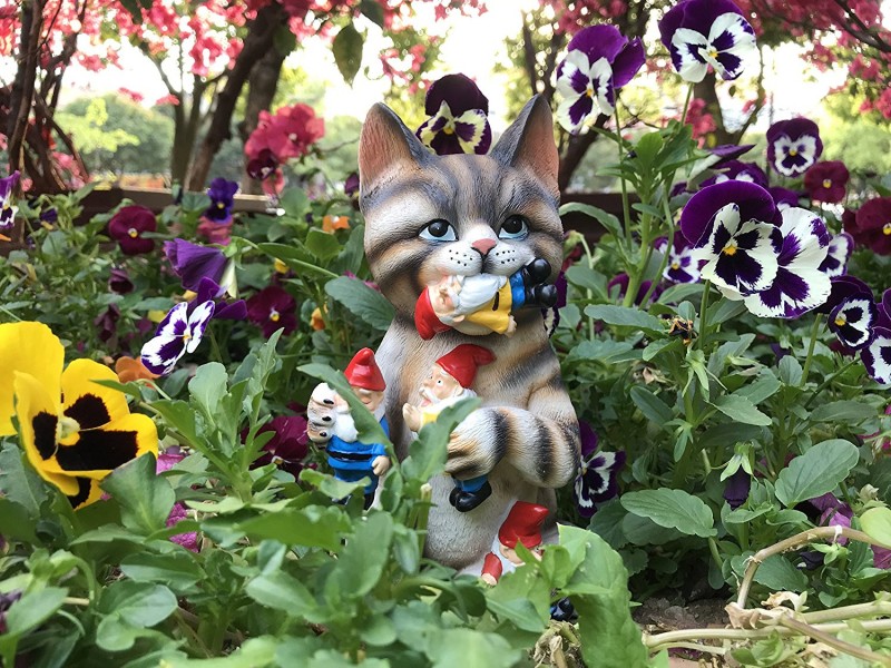 By Mark & Margot - Mischievous Cat Garden Gnome Statue Figurine - Best Art Decor for Indoor Outdoor Home Or Office