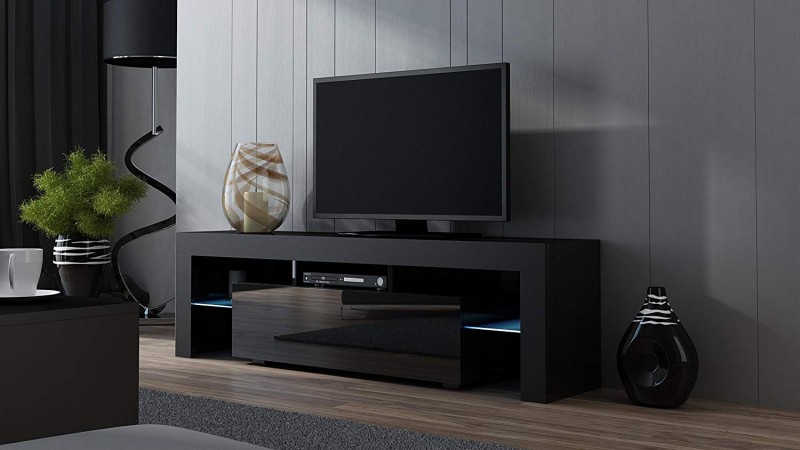 Concept Muebles TV Stand MILANO 160 Black- TV Cabinet with LEDs - Living Room Furniture - TV Console for up to 70-Inch TV screens - TV stand with LED lights (Black & Black) 