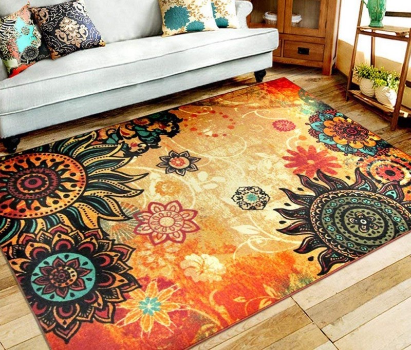 EUCH Contemporary Boho Retro Style Abstract Living Room Floor Carpets,Non-Skid Indoor/ Outdoor Large Area Rugs, Lotus 