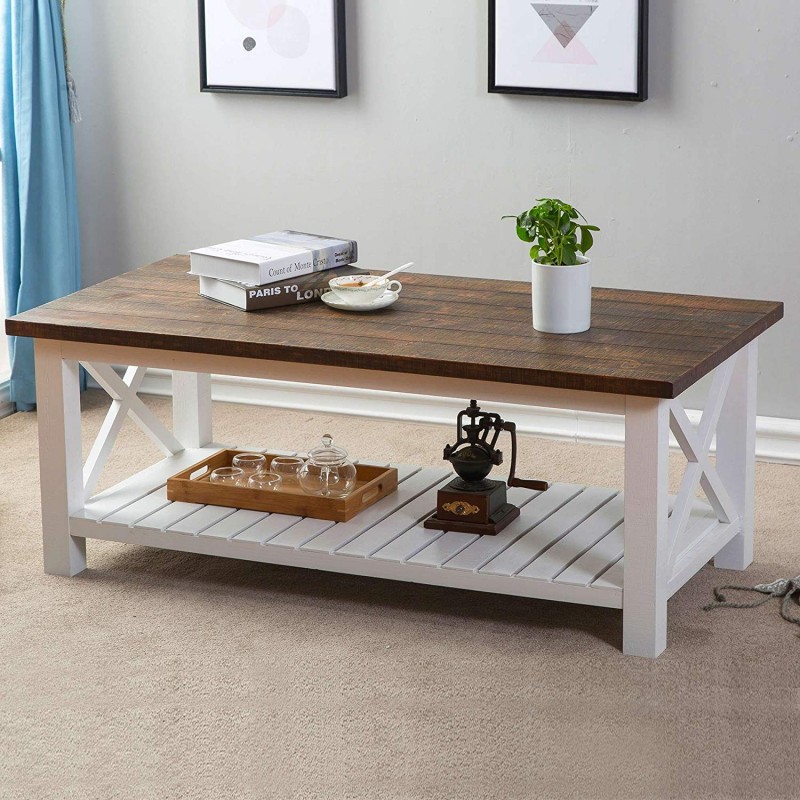 FurniChoi Wood Rustic Coffee Table, Farmhouse Vintage Cocktail Table with Shelf for Living Room, White and Brown 