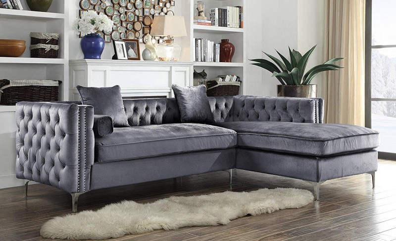 Iconic Home Da Vinci Tufted Silver Trim Grey Velvet Right Facing Sectional Sofa Silver Tone Metal Y-Legs
