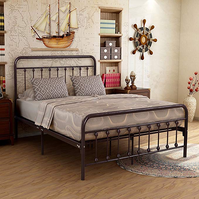 Metal Bed Frame Iron Decor Steel Queen Size Base with Headboard and Footboard Legs Platform Slats Cover Dark Copper 634 (Queen)