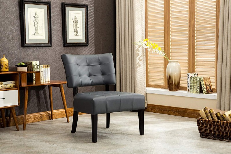 Roundhill Furniture AC002GY Bally Blended Grey Leather Tufted Accent Chair with Oversized Seating 