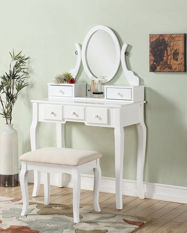 Roundhill Furniture Ashley Wood Make-Up Vanity Table and Stool Set, White 