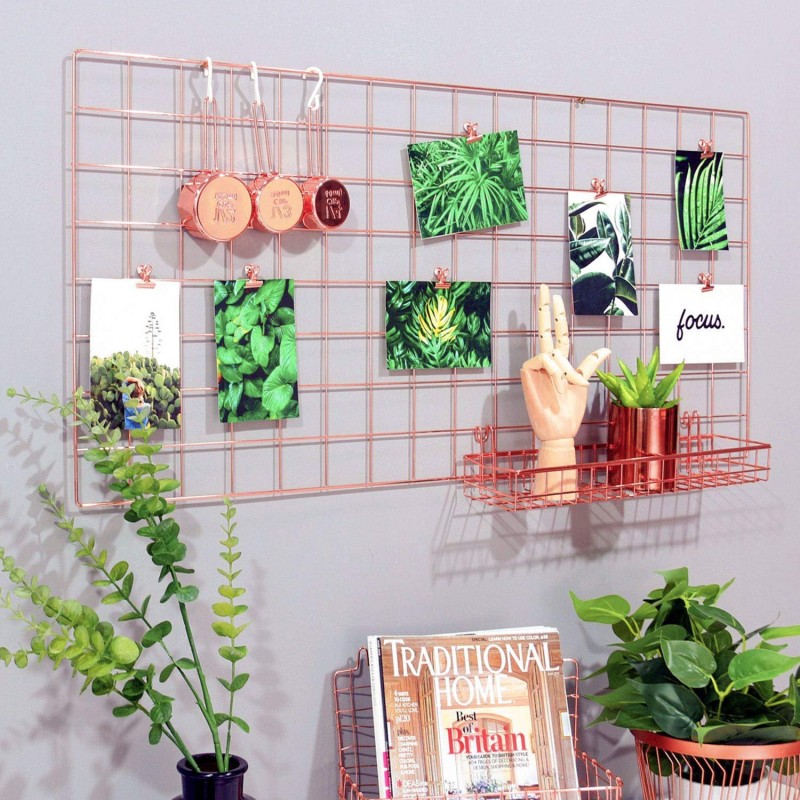 Simmer Stone Rose Gold Wall Grid Panel for Photo Hanging Display & Wall Decoration Organizer, Multi-Functional Wall Storage Display Grid, 5 Clips & 4 Nails Offered