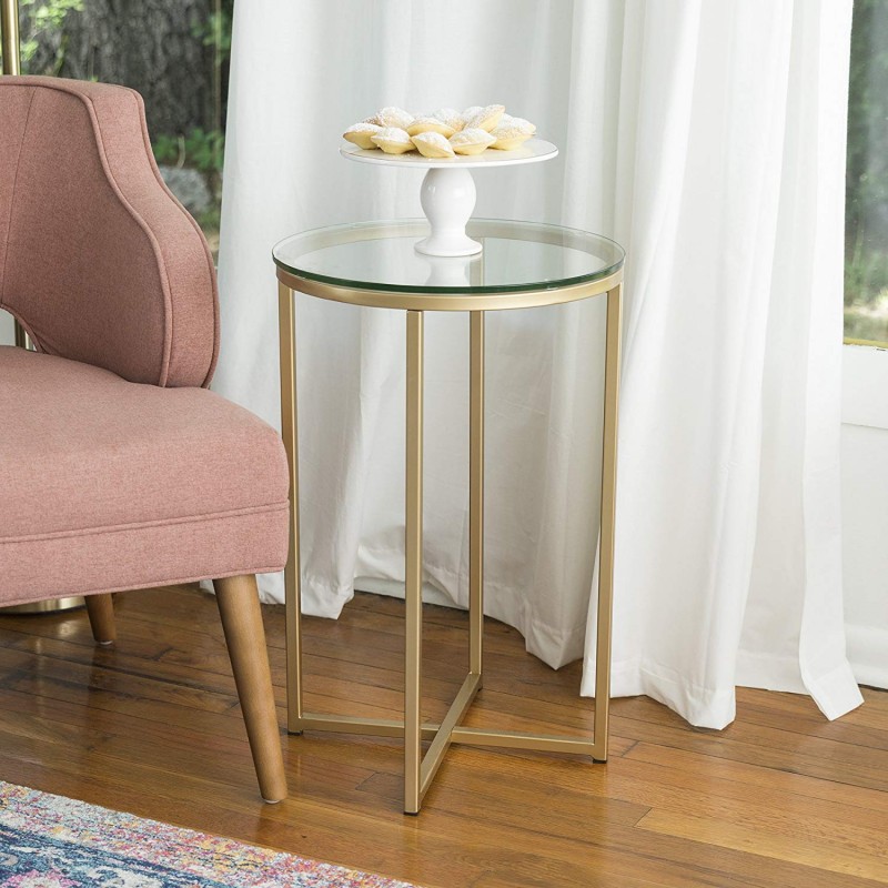 WE Furniture 16-Inch Round Side Table - Glass/Gold