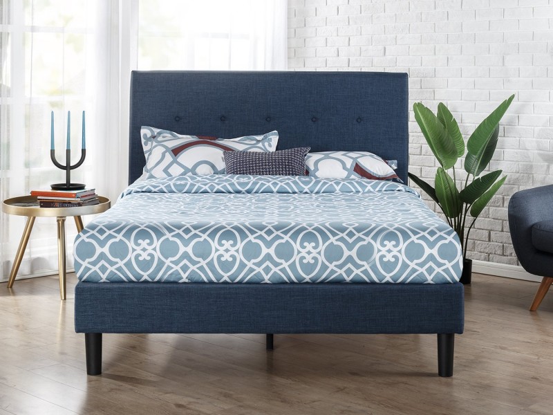 Zinus Upholstered Navy Button Detailed Platform Bed/Wood Slat Support, Queen