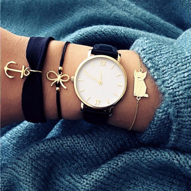 Kati Cute Cat Bow Anchor Black Gold Chain Bracelet