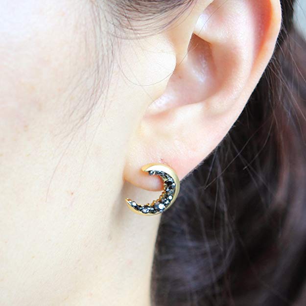 LAONATO Crescent Moon and Black CZ Earrings