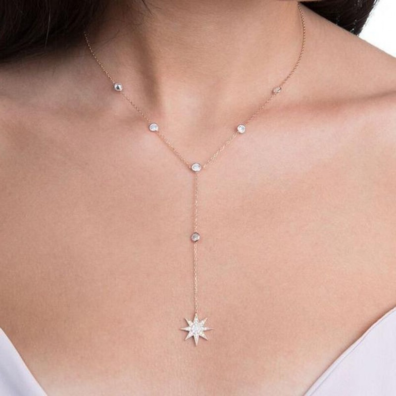 Maci Dainty Chain Crystal Star Pendant Dangle Lariat Necklace
