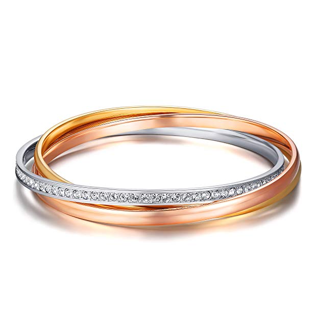 MYJS Trinity 3 Gold Plated Interlocking Bangle Bracelet with Clear Swarovski Crystals