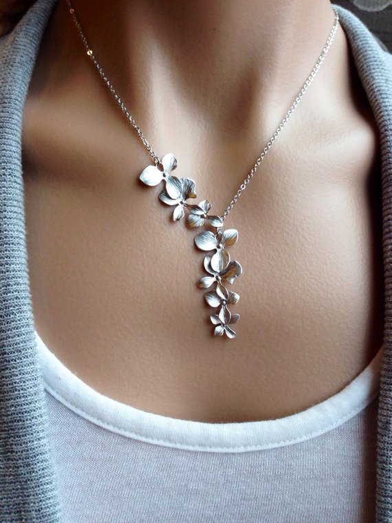 Silver Orchid Cascade Necklace