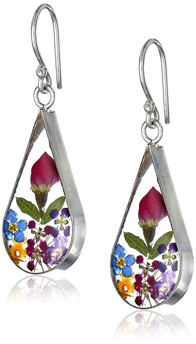 Sterling Silver Pressed Flower Teardrop Earrings