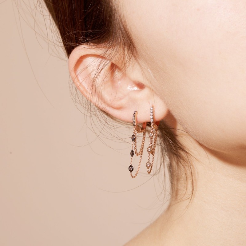 Three White Diamond Dangle Double Chain Hoop Earring