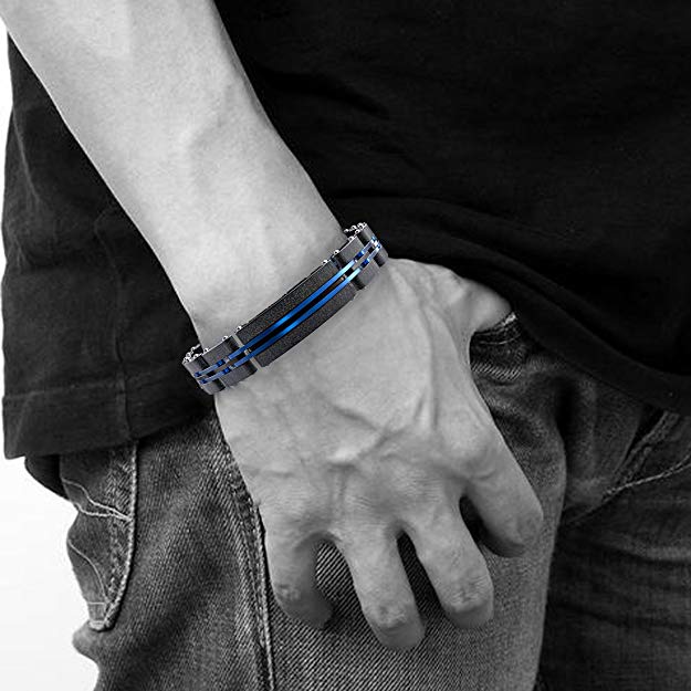 Wangok Men Bracelet Stainless Steel Bracelet Black And Blue With Fashion Sand Blasting