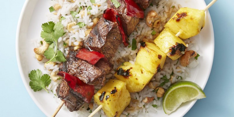 Beef and Pineapple Kebabs with Cashew Rice