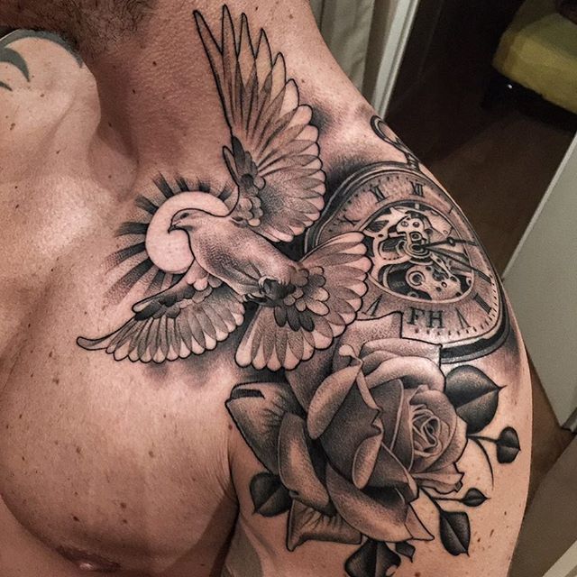Dove And Rose Tattoo, Front Shoulder