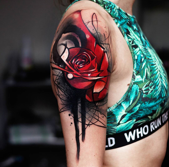 Red Rose Sketch Shoulder Tattoo
