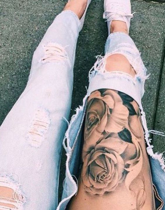 Rose Flower Tattoo Top of Thigh Leg