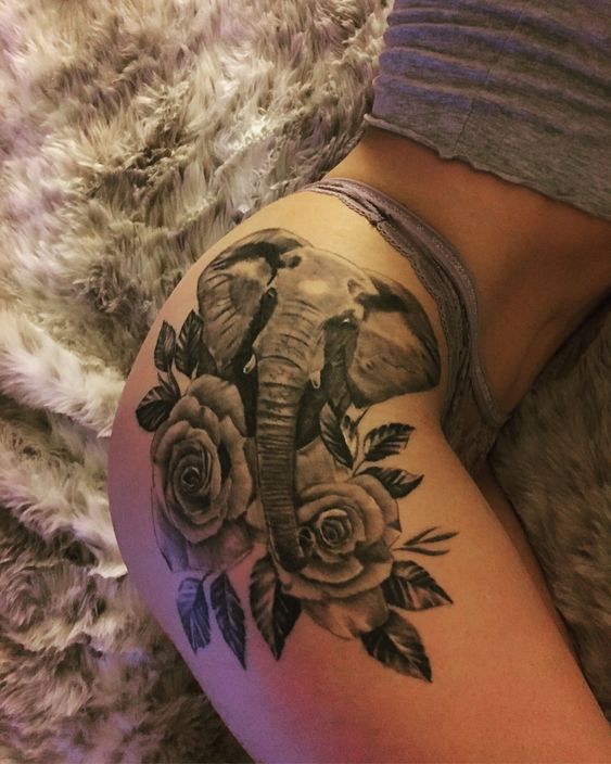 Roses Elephant Hip Tattoo