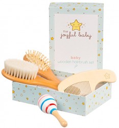 Wooden Baby Brush Set: 4-Pack Set of Natural Goat Hair Bristles Brush + Wooden Bristles Brush + Comb + Wooden Toy
