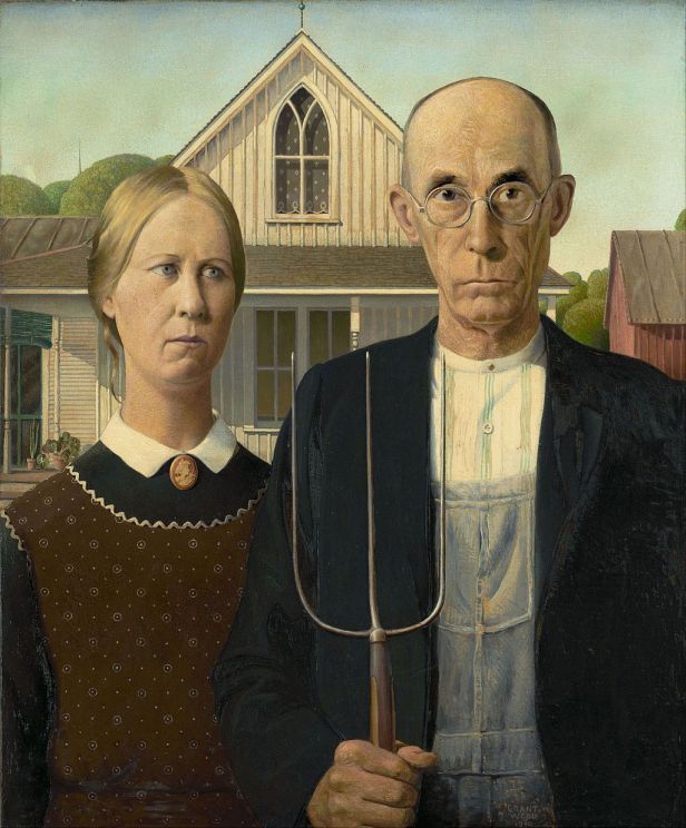 American Gothic By Grant Wood, Oil Painting